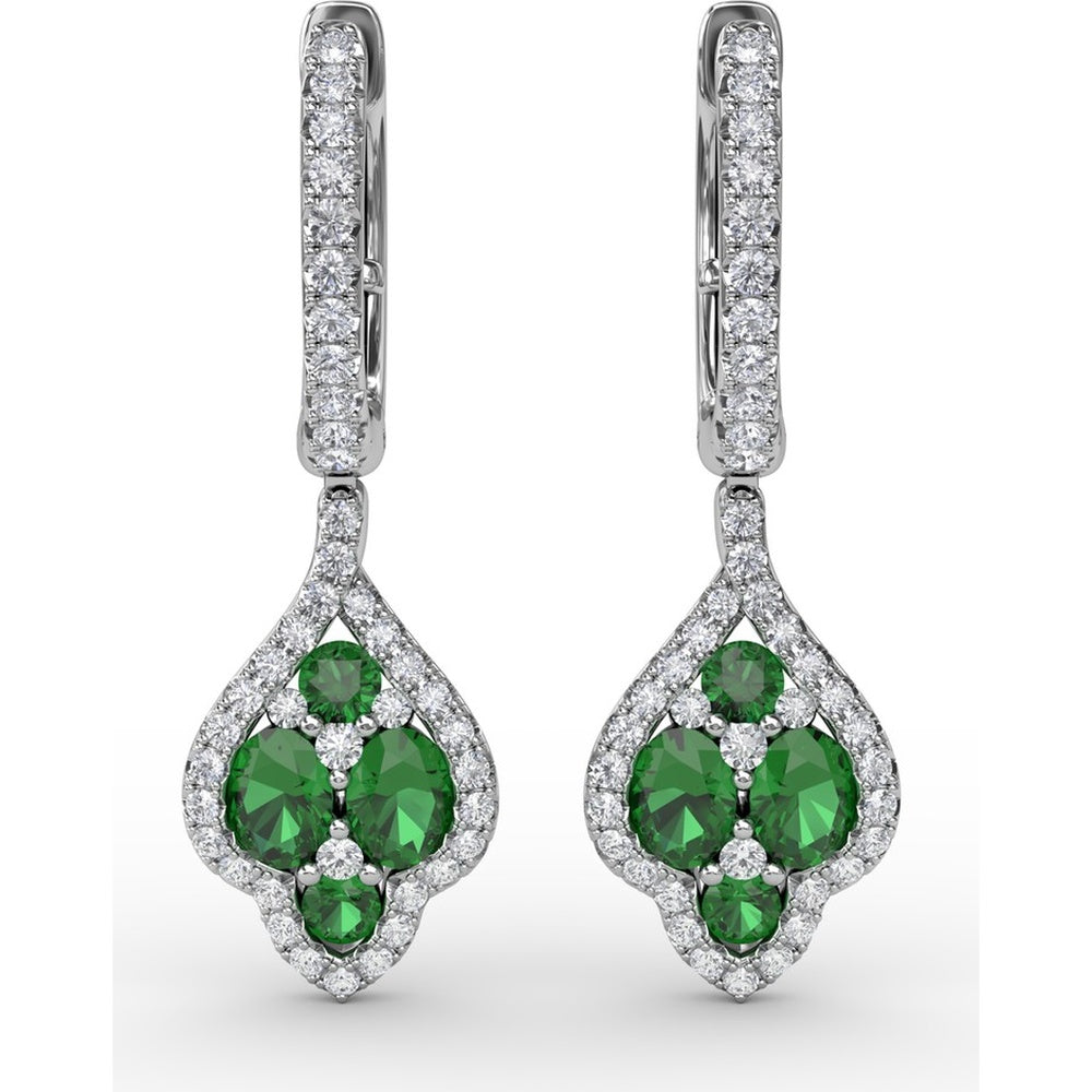 Vintage Drop Earrings with Pavé Diamond Halo and Round Emerald Cluster by Fana - 1.47 Carat Total Gemstone Weight