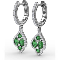 Vintage Drop Earrings with Pavé Diamond Halo and Round Emerald Cluster by Fana - 1.47 Carat Total Gemstone Weight