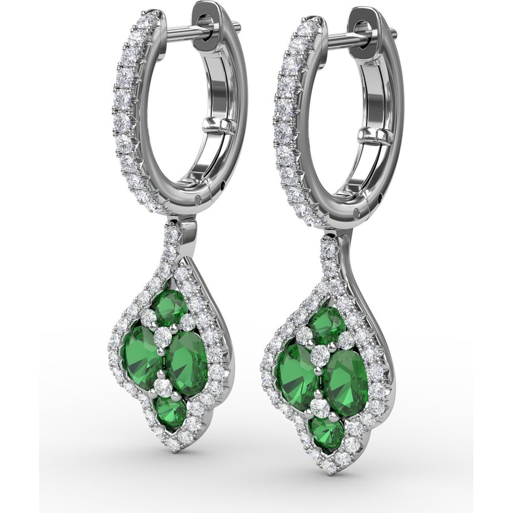 Vintage Drop Earrings with Pavé Diamond Halo and Round Emerald Cluster by Fana - 1.47 Carat Total Gemstone Weight