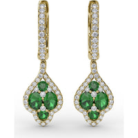 Vintage Drop Earrings with Pavé Diamond Halo and Round Emerald Cluster by Fana - 1.47 Carat Total Gemstone Weight