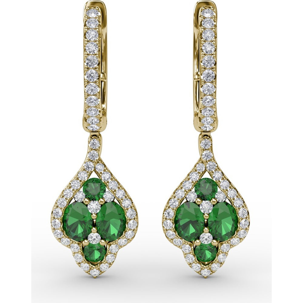 Vintage Drop Earrings with Pavé Diamond Halo and Round Emerald Cluster by Fana - 1.47 Carat Total Gemstone Weight