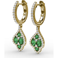 Vintage Drop Earrings with Pavé Diamond Halo and Round Emerald Cluster by Fana - 1.47 Carat Total Gemstone Weight