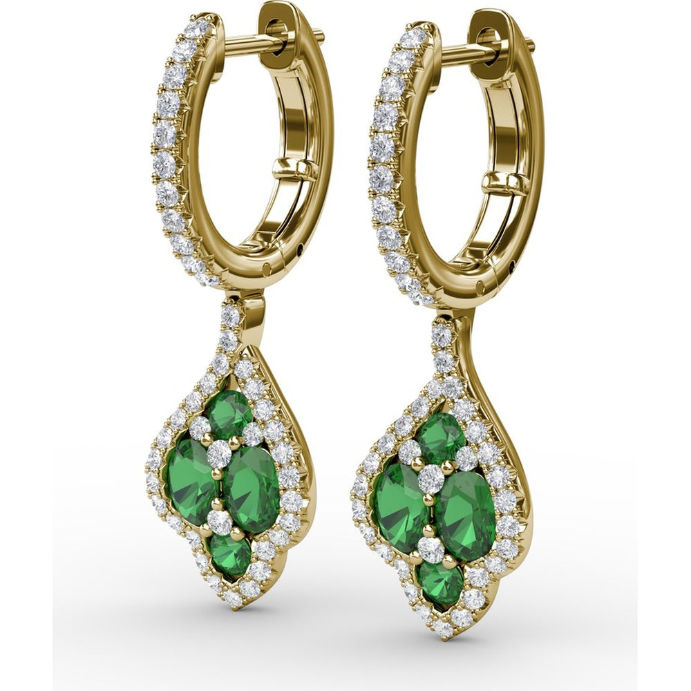 Vintage Drop Earrings with Pavé Diamond Halo and Round Emerald Cluster by Fana - 1.47 Carat Total Gemstone Weight