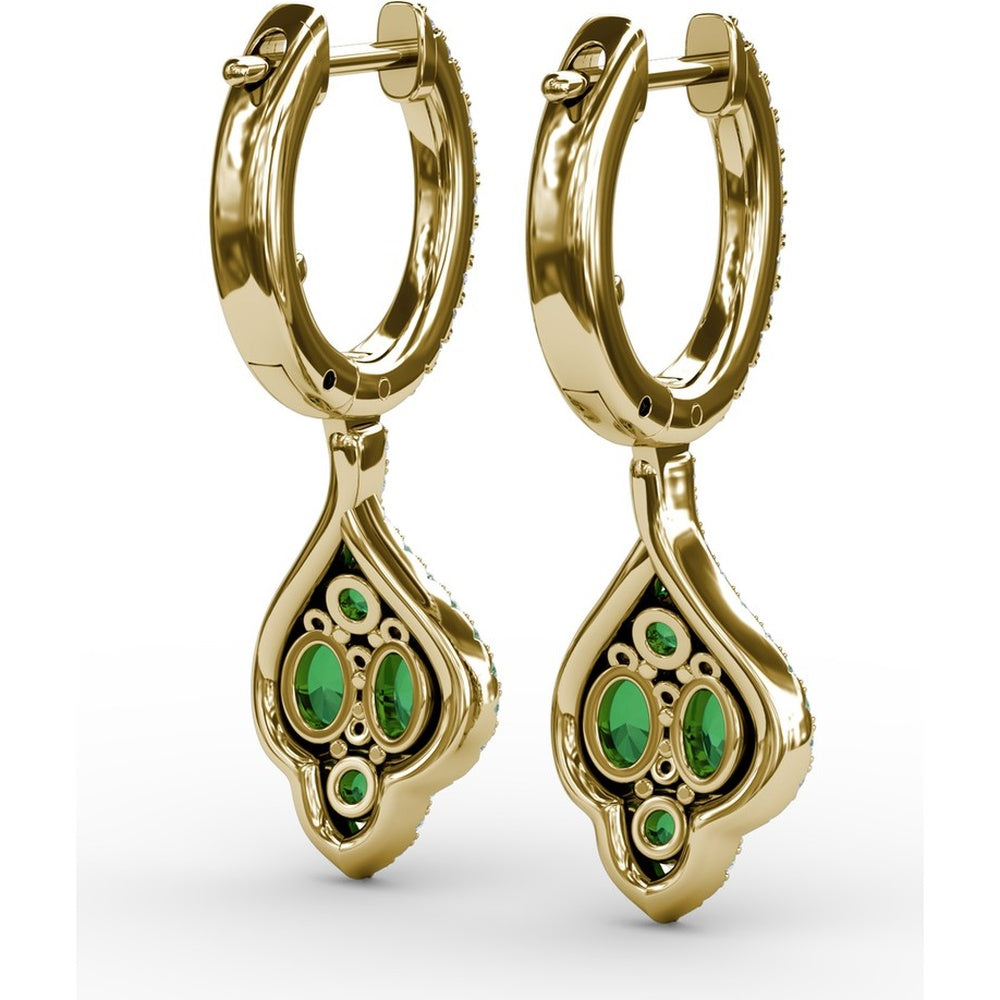 Vintage Drop Earrings with Pavé Diamond Halo and Round Emerald Cluster by Fana - 1.47 Carat Total Gemstone Weight