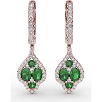 Vintage Drop Earrings with Pavé Diamond Halo and Round Emerald Cluster by Fana - 1.47 Carat Total Gemstone Weight