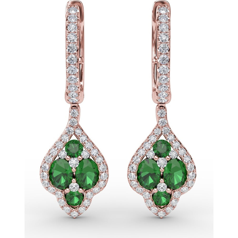 Vintage Drop Earrings with Pavé Diamond Halo and Round Emerald Cluster by Fana - 1.47 Carat Total Gemstone Weight
