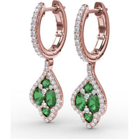 Vintage Drop Earrings with Pavé Diamond Halo and Round Emerald Cluster by Fana - 1.47 Carat Total Gemstone Weight
