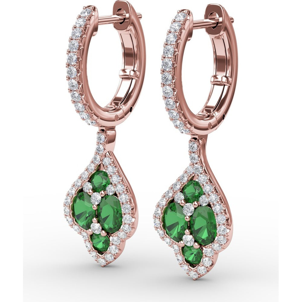 Vintage Drop Earrings with Pavé Diamond Halo and Round Emerald Cluster by Fana - 1.47 Carat Total Gemstone Weight