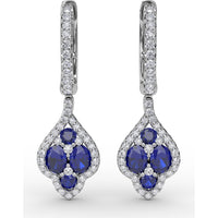 Vintage Drop Earrings with Round Sapphire Cluster and Pavé Diamond Halo by Fana - 1.79 Carat Total Gemstone Weight