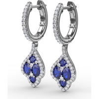 Vintage Drop Earrings with Round Sapphire Cluster and Pavé Diamond Halo by Fana - 1.79 Carat Total Gemstone Weight