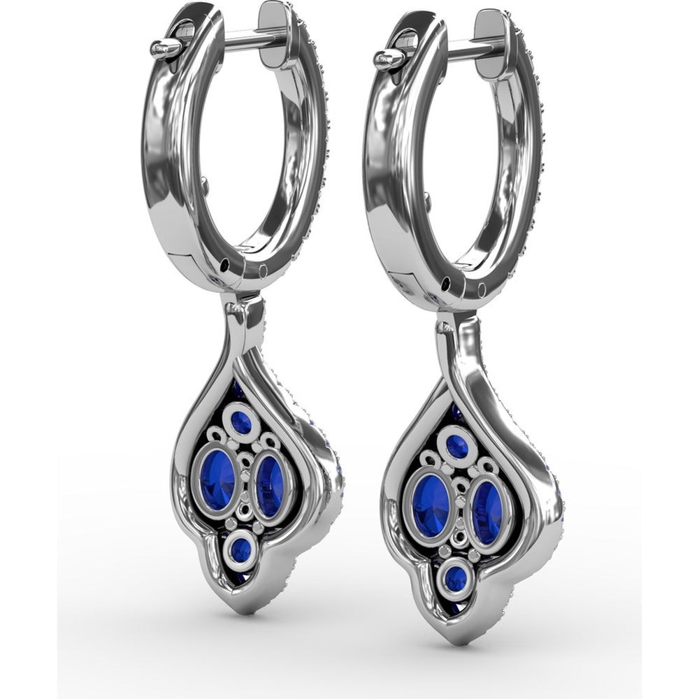 Vintage Drop Earrings with Round Sapphire Cluster and Pavé Diamond Halo by Fana - 1.79 Carat Total Gemstone Weight