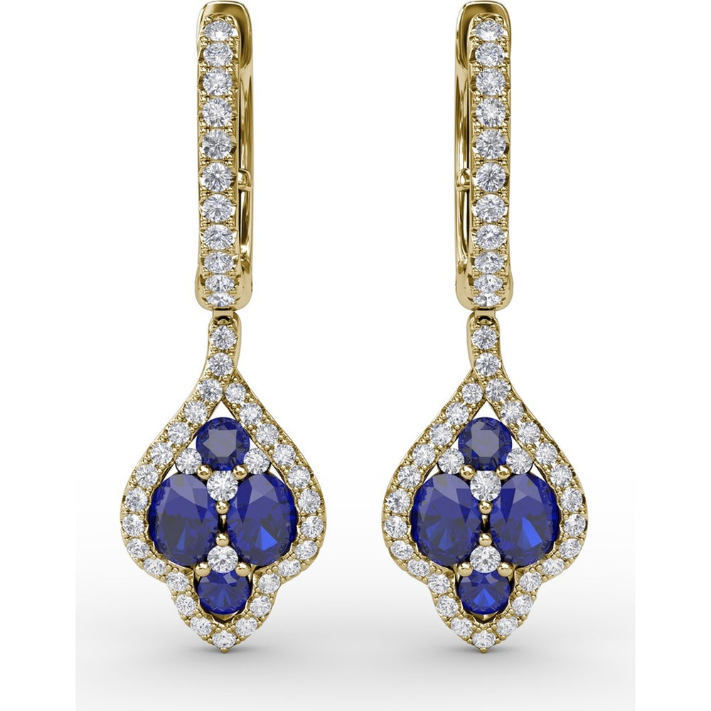 Vintage Drop Earrings with Round Sapphire Cluster and Pavé Diamond Halo by Fana - 1.79 Carat Total Gemstone Weight