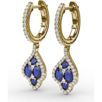 Vintage Drop Earrings with Round Sapphire Cluster and Pavé Diamond Halo by Fana - 1.79 Carat Total Gemstone Weight