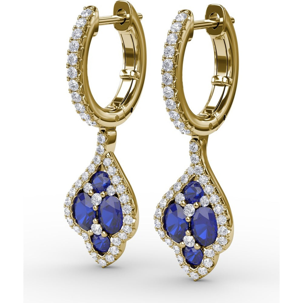 Vintage Drop Earrings with Round Sapphire Cluster and Pavé Diamond Halo by Fana - 1.79 Carat Total Gemstone Weight