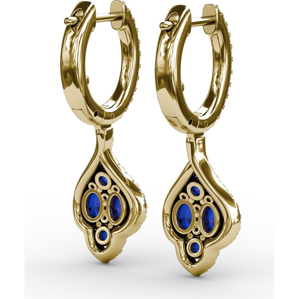 Vintage Drop Earrings with Round Sapphire Cluster and Pavé Diamond Halo by Fana - 1.79 Carat Total Gemstone Weight