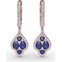 Vintage Drop Earrings with Round Sapphire Cluster and Pavé Diamond Halo by Fana - 1.79 Carat Total Gemstone Weight
