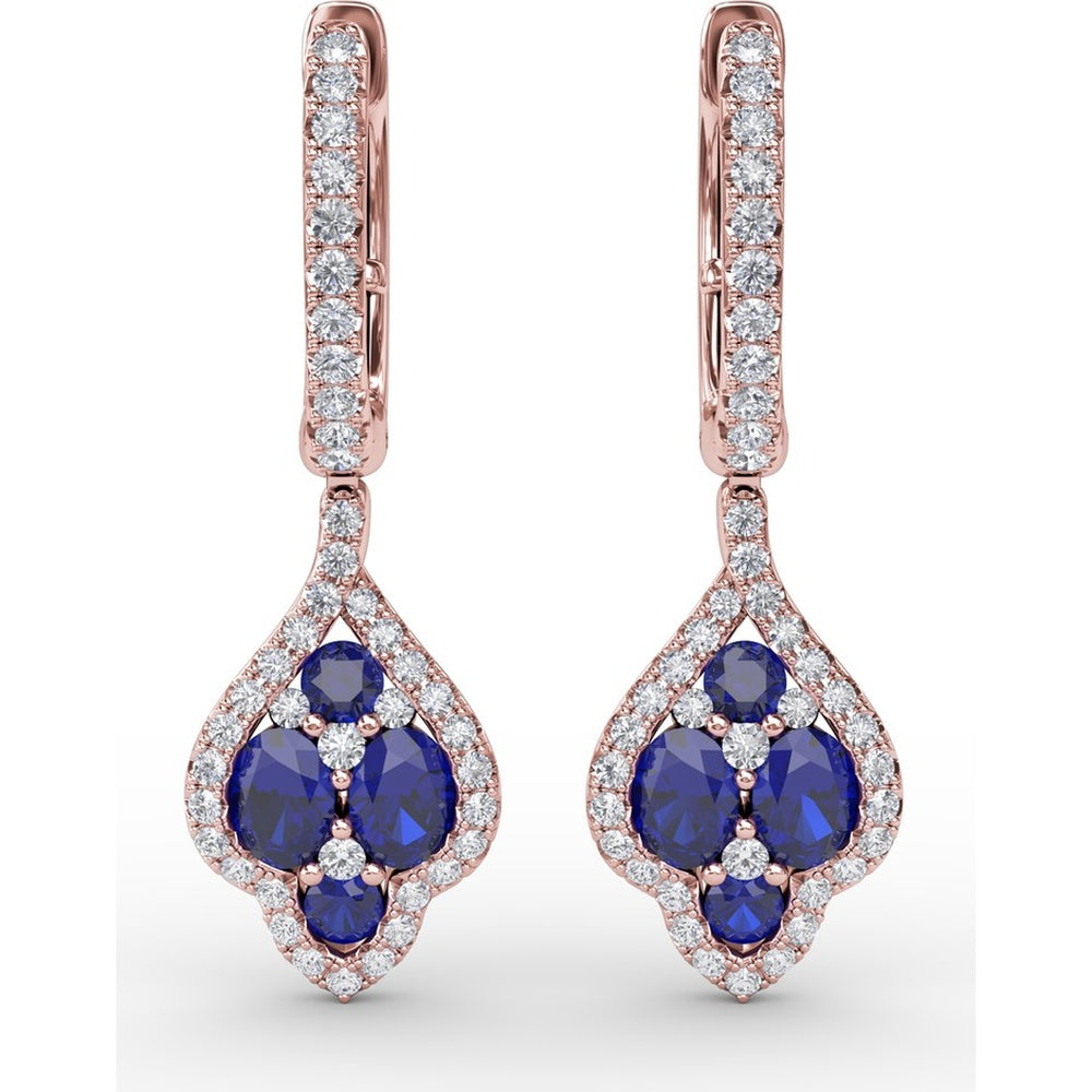 Vintage Drop Earrings with Round Sapphire Cluster and Pavé Diamond Halo by Fana - 1.79 Carat Total Gemstone Weight