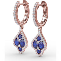 Vintage Drop Earrings with Round Sapphire Cluster and Pavé Diamond Halo by Fana - 1.79 Carat Total Gemstone Weight