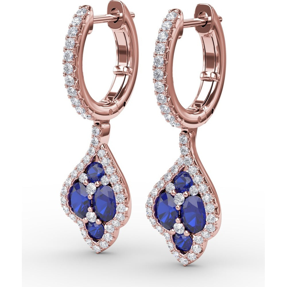 Vintage Drop Earrings with Round Sapphire Cluster and Pavé Diamond Halo by Fana - 1.79 Carat Total Gemstone Weight