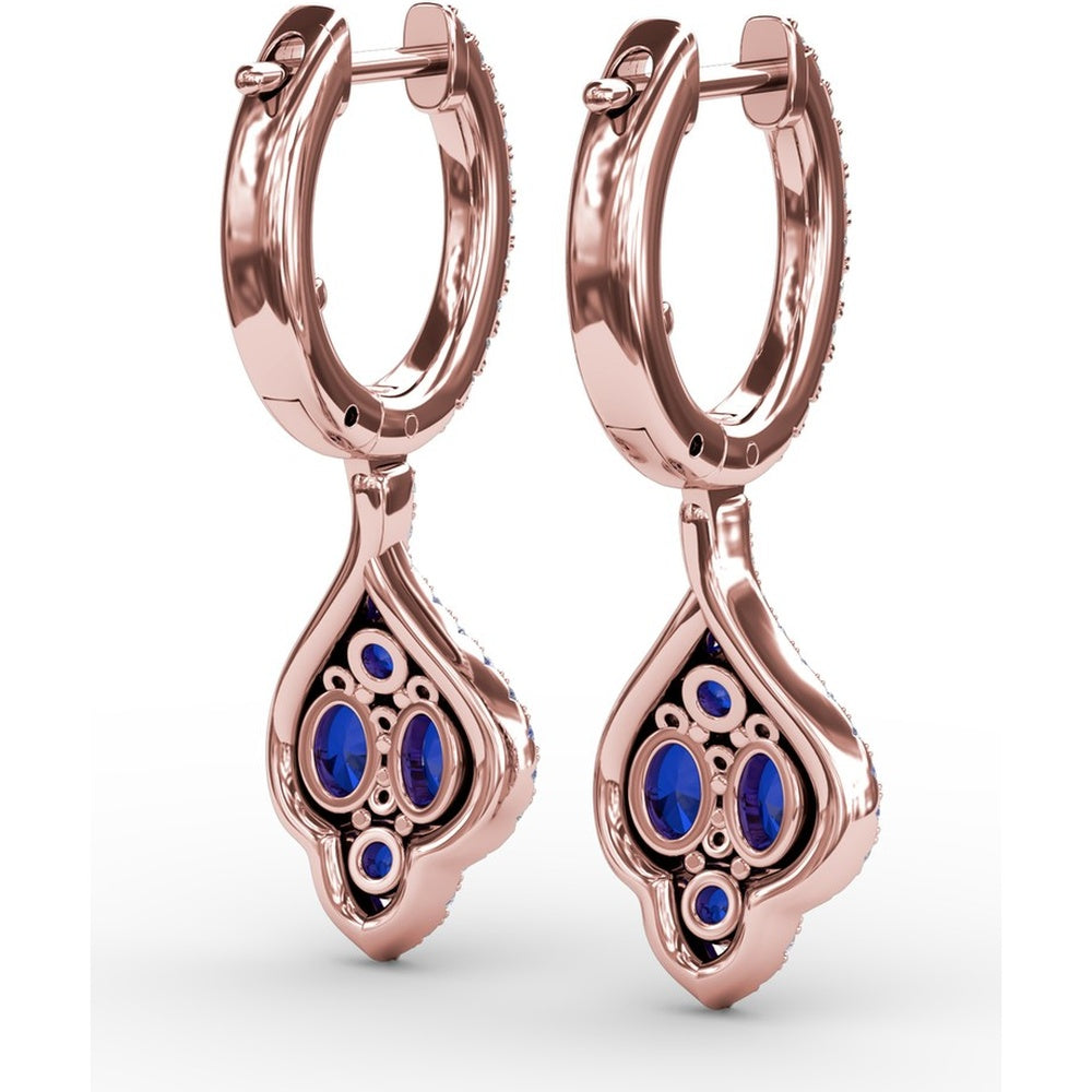 Vintage Drop Earrings with Round Sapphire Cluster and Pavé Diamond Halo by Fana - 1.79 Carat Total Gemstone Weight