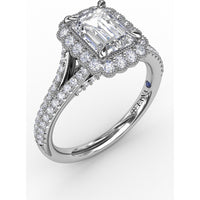Vintage Emerald Cut Diamond Halo Engagement Ring Setting with Split Shank and Milgrain Edges (0.58 Carat Total Diamond Weight) by Fana