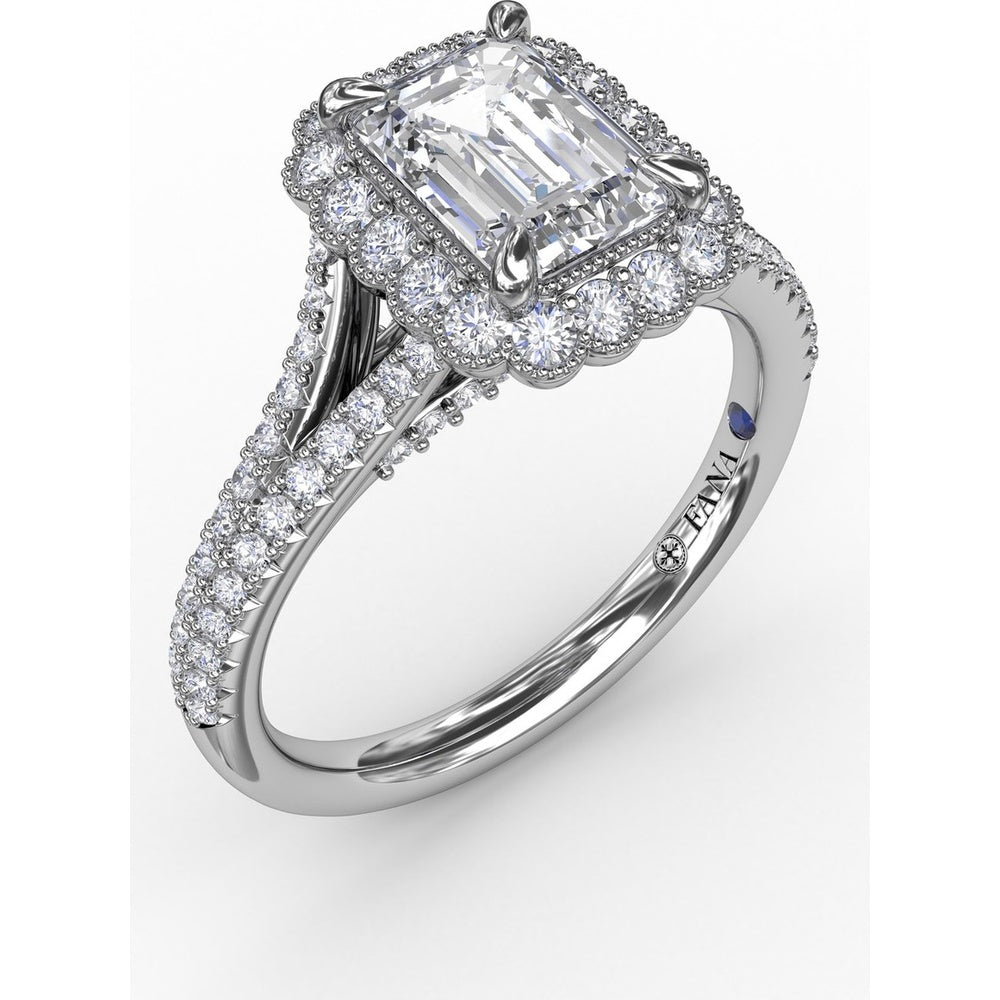 Vintage Emerald Cut Diamond Halo Engagement Ring Setting with Split Shank and Milgrain Edges (0.58 Carat Total Diamond Weight) by Fana