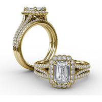 Vintage Emerald Cut Diamond Halo Engagement Ring Setting with Split Shank and Milgrain Edges (0.58 Carat Total Diamond Weight) by Fana