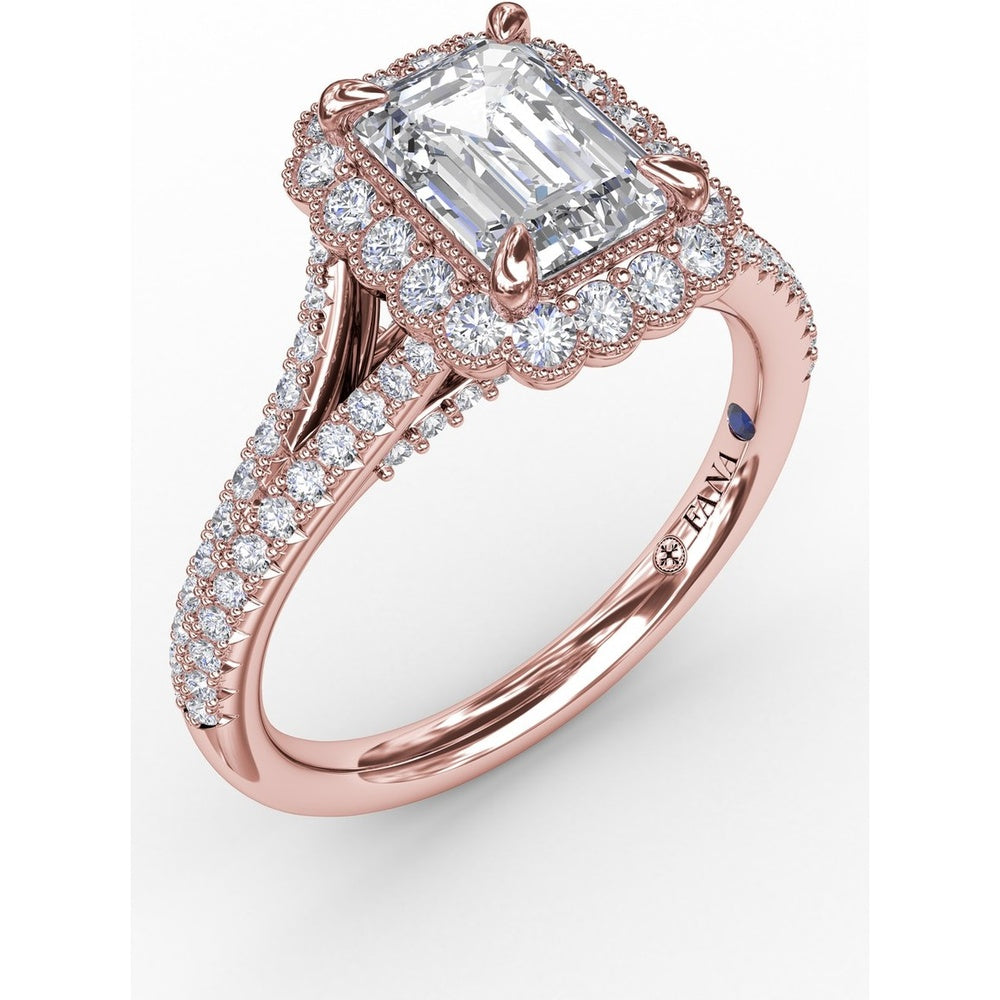 Vintage Emerald Cut Diamond Halo Engagement Ring Setting with Split Shank and Milgrain Edges (0.58 Carat Total Diamond Weight) by Fana
