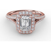 Vintage Emerald Cut Diamond Halo Engagement Ring Setting with Split Shank and Milgrain Edges (0.58 Carat Total Diamond Weight) by Fana