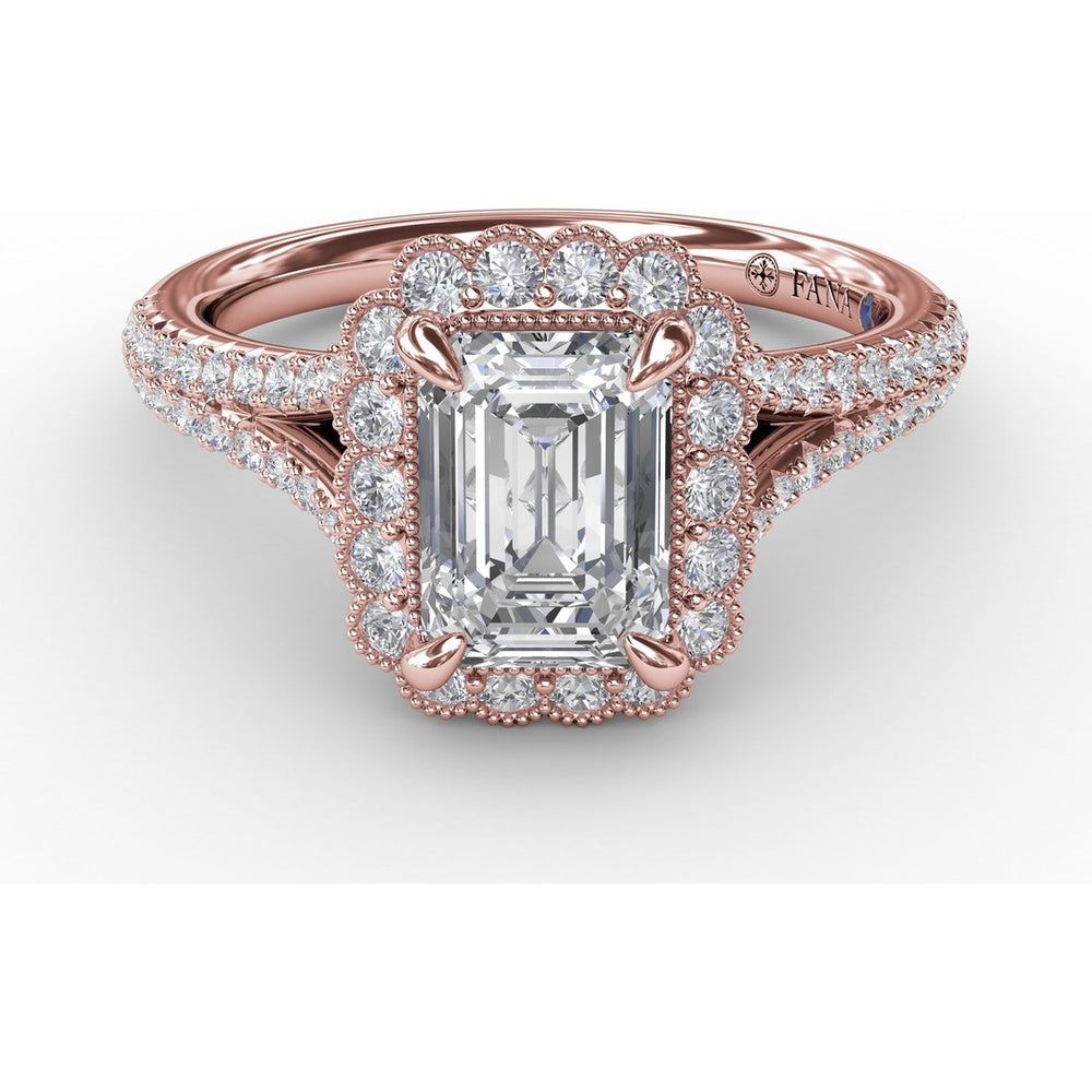 Vintage Emerald Cut Diamond Halo Engagement Ring Setting with Split Shank and Milgrain Edges (0.58 Carat Total Diamond Weight) by Fana