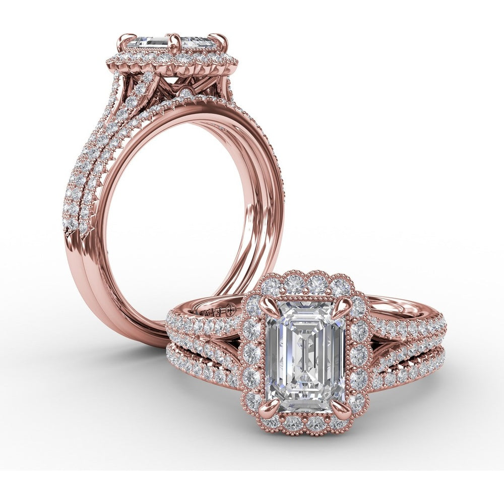 Vintage Emerald Cut Diamond Halo Engagement Ring Setting with Split Shank and Milgrain Edges (0.58 Carat Total Diamond Weight) by Fana