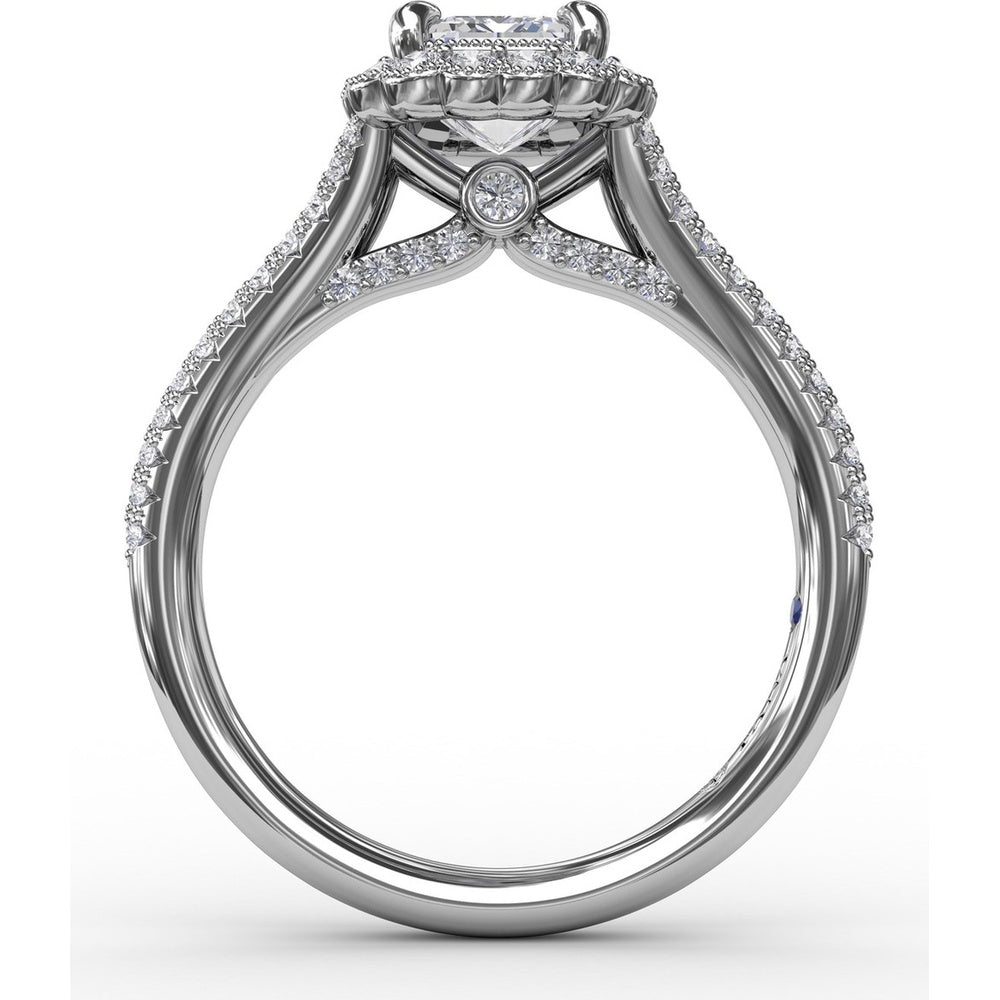 Vintage Emerald Cut Diamond Halo Engagement Ring Setting with Split Shank and Milgrain Edges (0.58 Carat Total Diamond Weight) by Fana