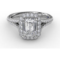 Vintage Emerald Cut Diamond Halo Engagement Ring Setting with Split Shank and Milgrain Edges (0.58 Carat Total Diamond Weight) by Fana
