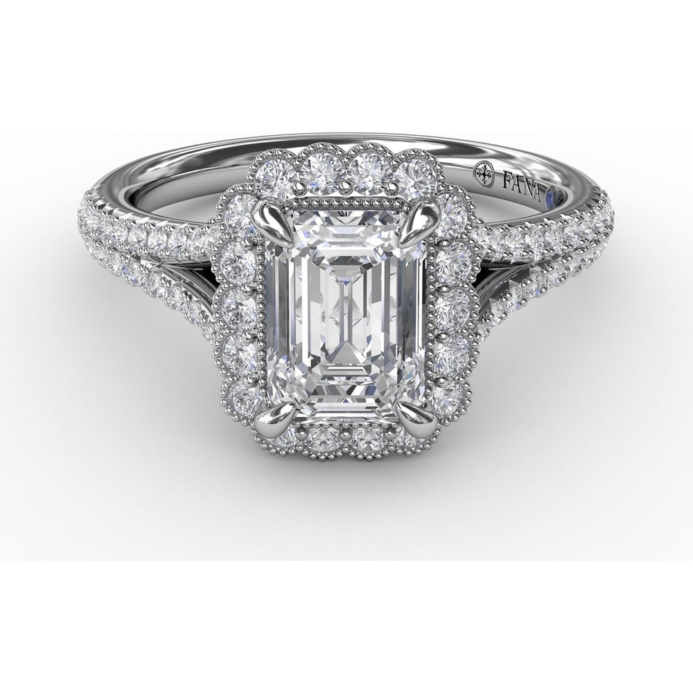 Vintage Emerald Cut Diamond Halo Engagement Ring Setting with Split Shank and Milgrain Edges (0.58 Carat Total Diamond Weight) by Fana