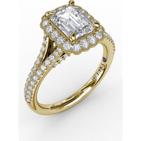 Vintage Emerald Cut Diamond Halo Engagement Ring Setting with Split Shank and Milgrain Edges (0.58 Carat Total Diamond Weight) by Fana