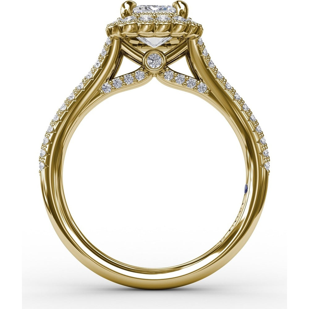 Vintage Emerald Cut Diamond Halo Engagement Ring Setting with Split Shank and Milgrain Edges (0.58 Carat Total Diamond Weight) by Fana