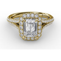 Vintage Emerald Cut Diamond Halo Engagement Ring Setting with Split Shank and Milgrain Edges (0.58 Carat Total Diamond Weight) by Fana