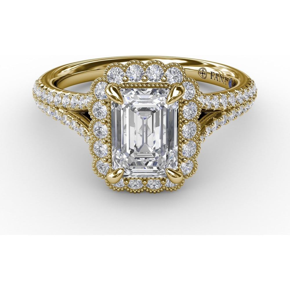 Vintage Emerald Cut Diamond Halo Engagement Ring Setting with Split Shank and Milgrain Edges (0.58 Carat Total Diamond Weight) by Fana
