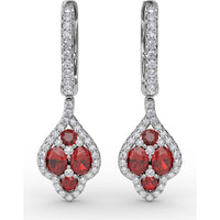 Vintage-Inspired Drop Earrings with Round Ruby and Diamond Halo by Fana - 1.79 Carat Total Gemstone Weight