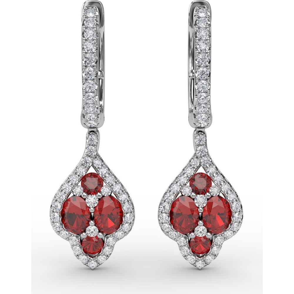Vintage-Inspired Drop Earrings with Round Ruby and Diamond Halo by Fana - 1.79 Carat Total Gemstone Weight