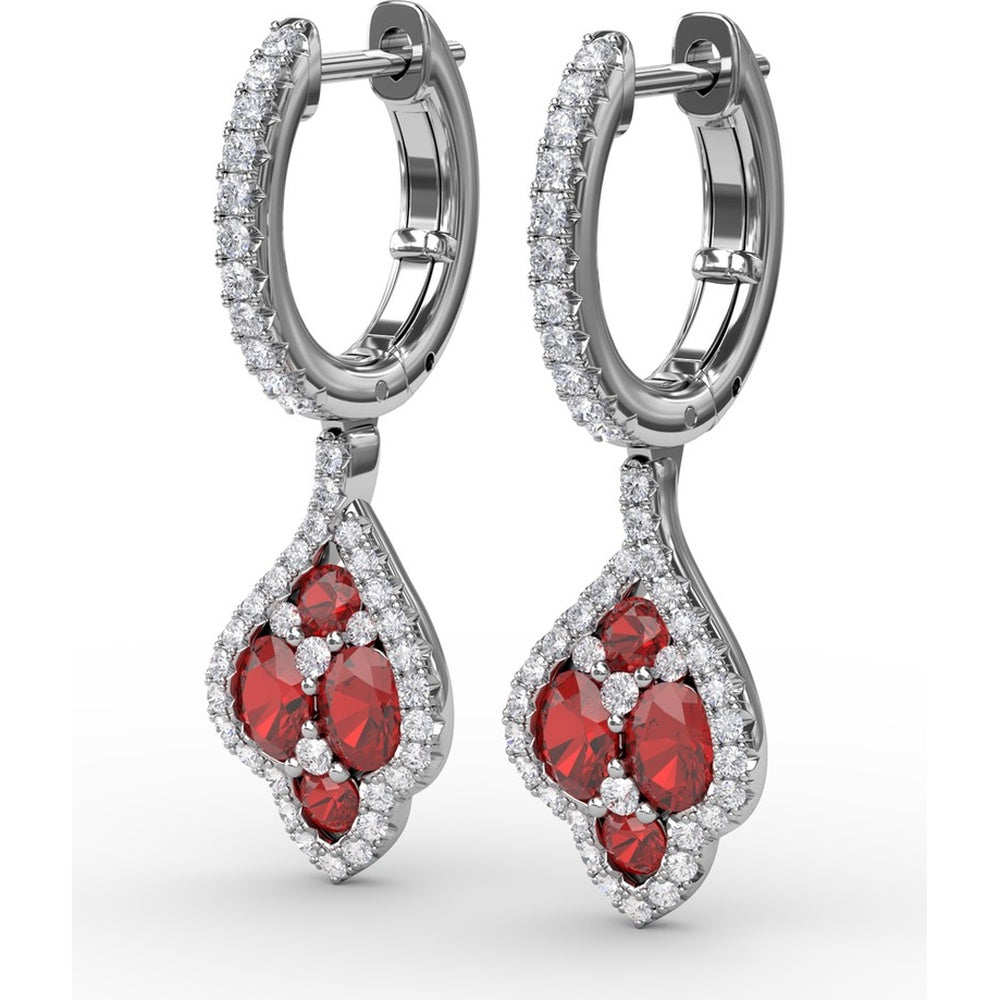 Vintage-Inspired Drop Earrings with Round Ruby and Diamond Halo by Fana - 1.79 Carat Total Gemstone Weight