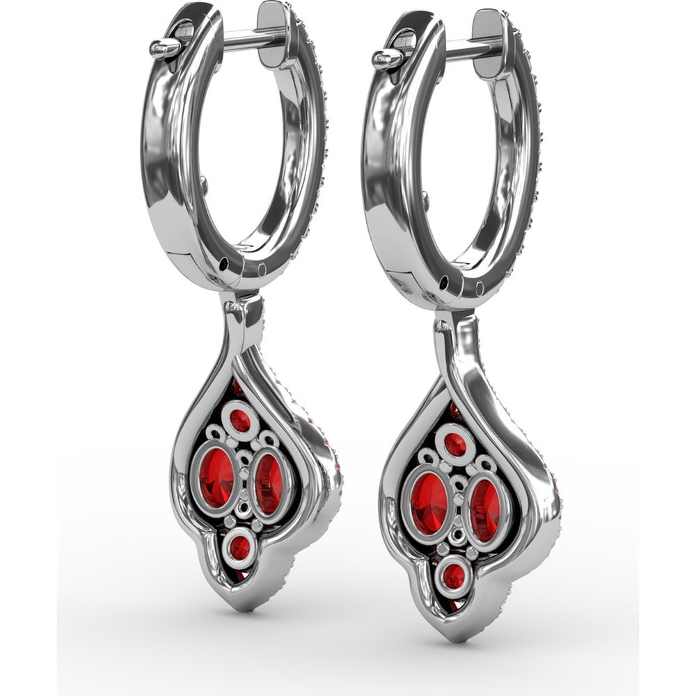 Vintage-Inspired Drop Earrings with Round Ruby and Diamond Halo by Fana - 1.79 Carat Total Gemstone Weight