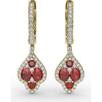 Vintage-Inspired Drop Earrings with Round Ruby and Diamond Halo by Fana - 1.79 Carat Total Gemstone Weight