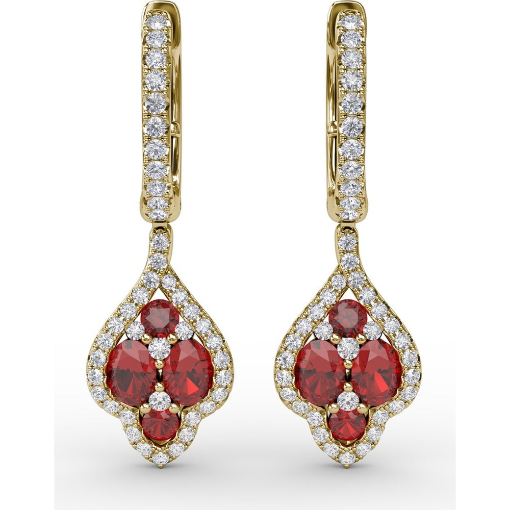 Vintage-Inspired Drop Earrings with Round Ruby and Diamond Halo by Fana - 1.79 Carat Total Gemstone Weight