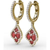 Vintage-Inspired Drop Earrings with Round Ruby and Diamond Halo by Fana - 1.79 Carat Total Gemstone Weight