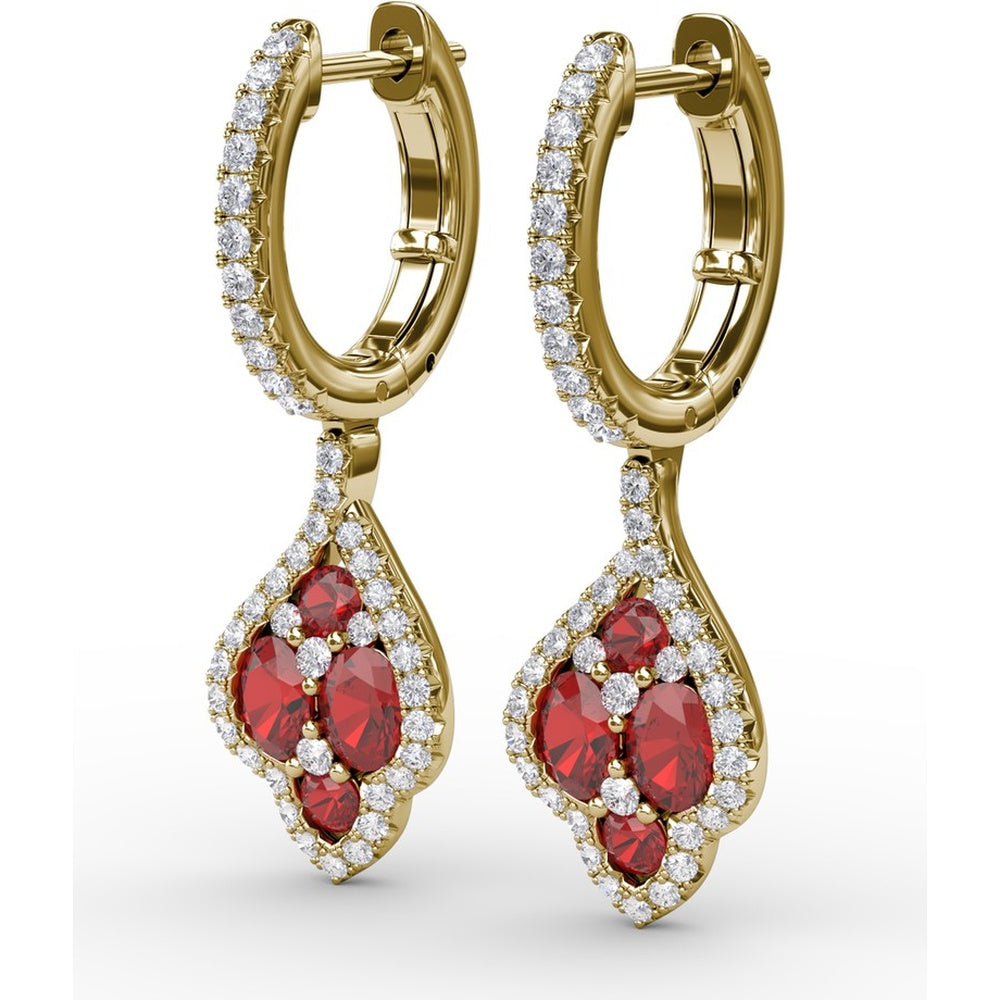 Vintage-Inspired Drop Earrings with Round Ruby and Diamond Halo by Fana - 1.79 Carat Total Gemstone Weight