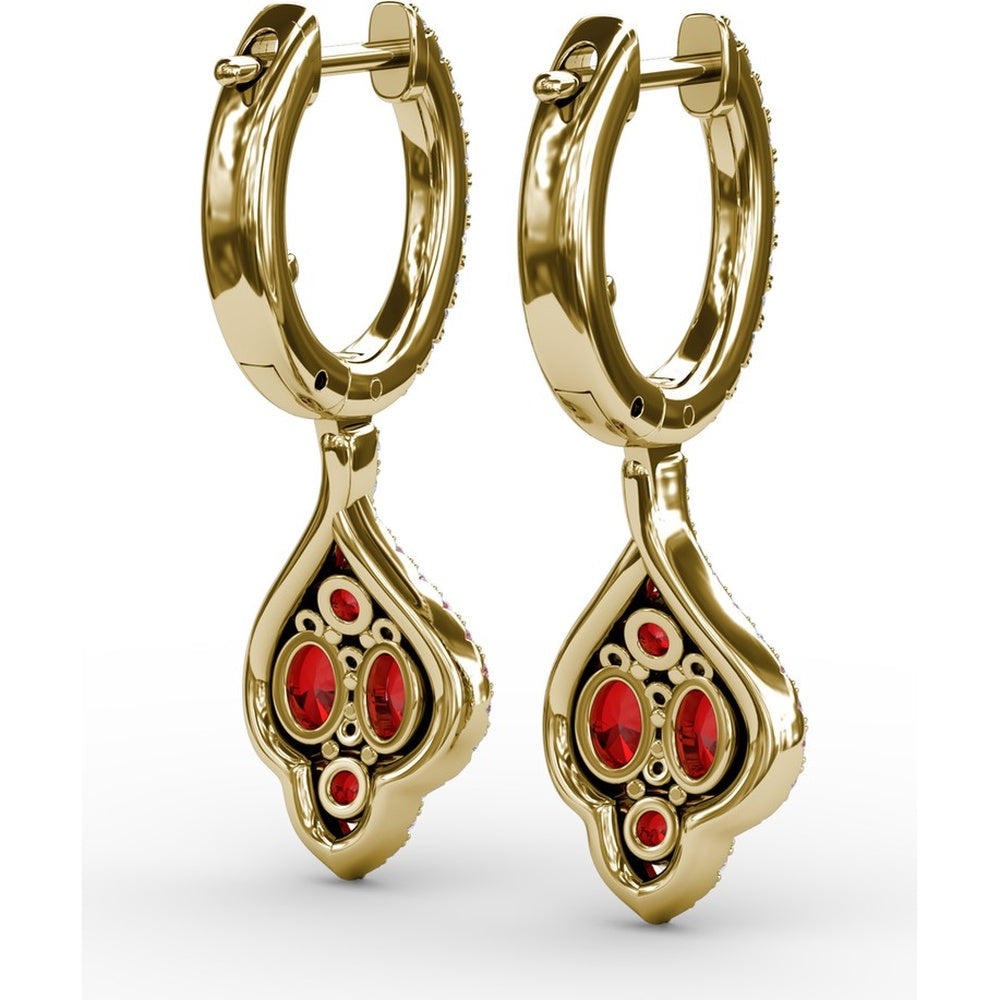 Vintage-Inspired Drop Earrings with Round Ruby and Diamond Halo by Fana - 1.79 Carat Total Gemstone Weight