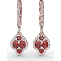 Vintage-Inspired Drop Earrings with Round Ruby and Diamond Halo by Fana - 1.79 Carat Total Gemstone Weight
