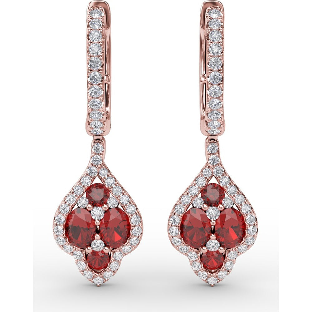 Vintage-Inspired Drop Earrings with Round Ruby and Diamond Halo by Fana - 1.79 Carat Total Gemstone Weight