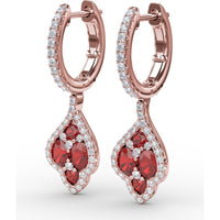 Vintage-Inspired Drop Earrings with Round Ruby and Diamond Halo by Fana - 1.79 Carat Total Gemstone Weight